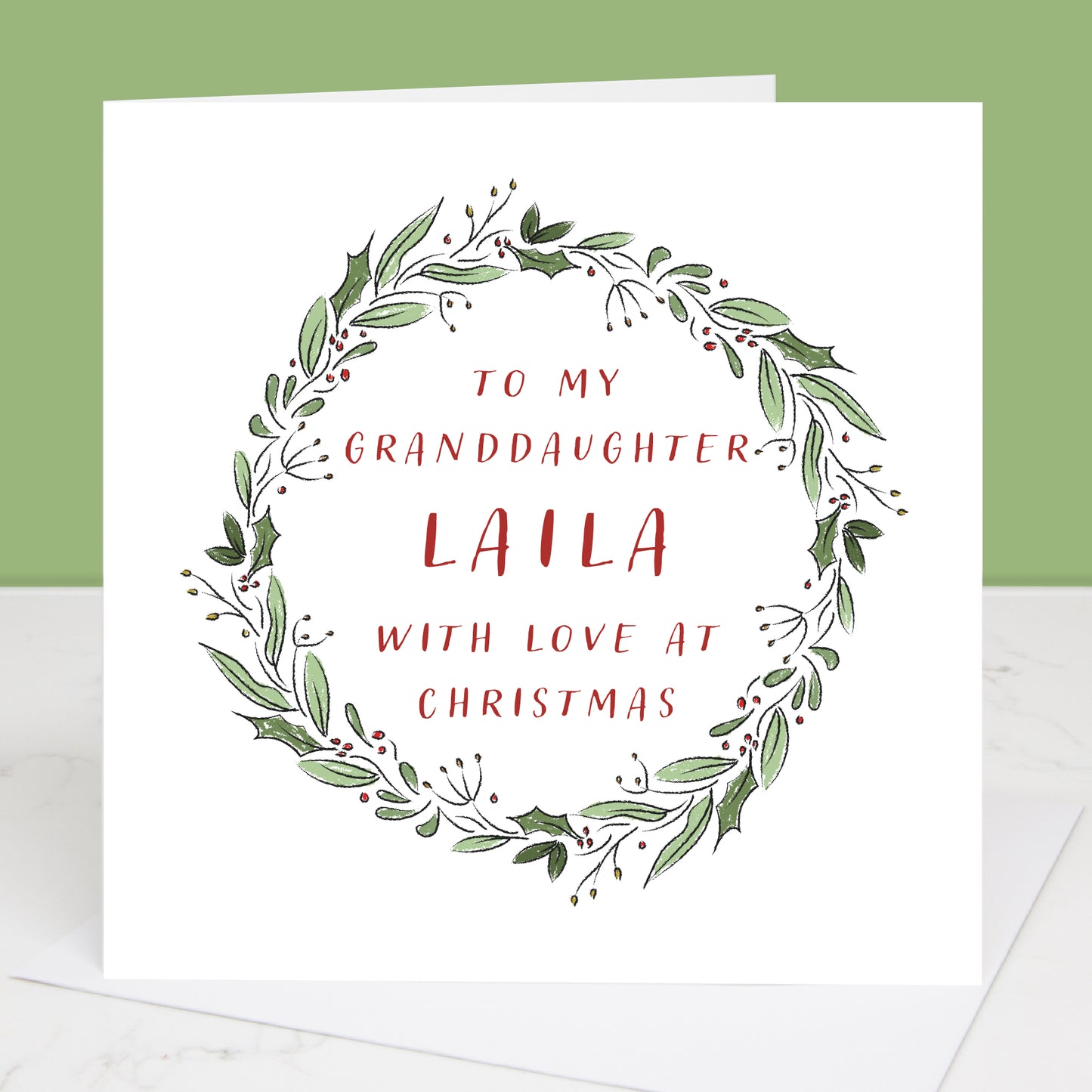 Granddaughter Personalised Wreath Christmas Card