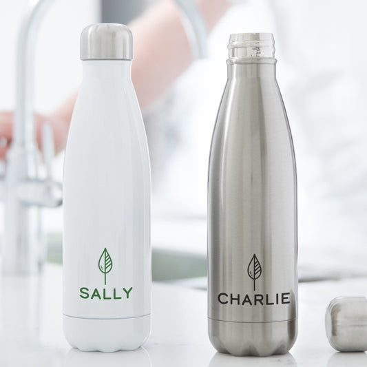 Insulated water bottle with name and leaf design All images and designs © Slice of Pie Designs
