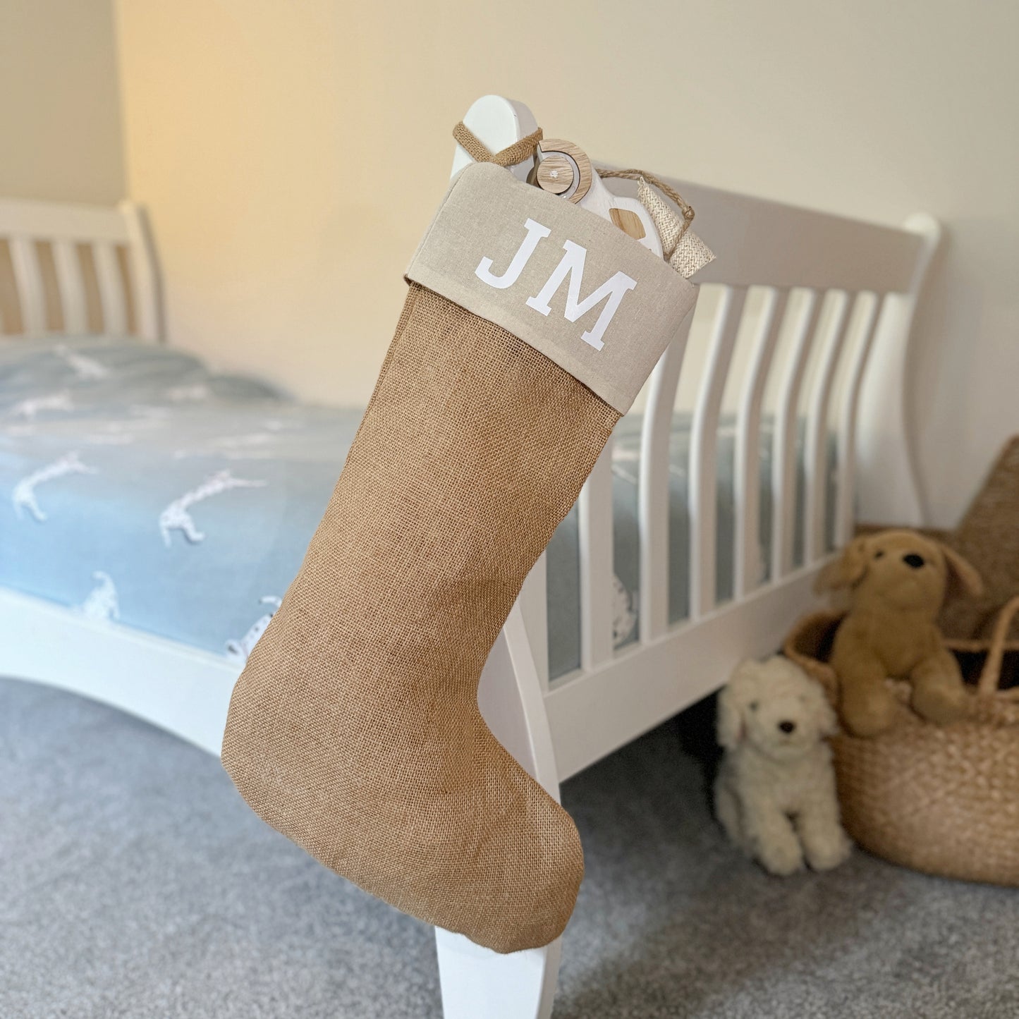 Monogrammed Jute and Cotton Christmas Stocking