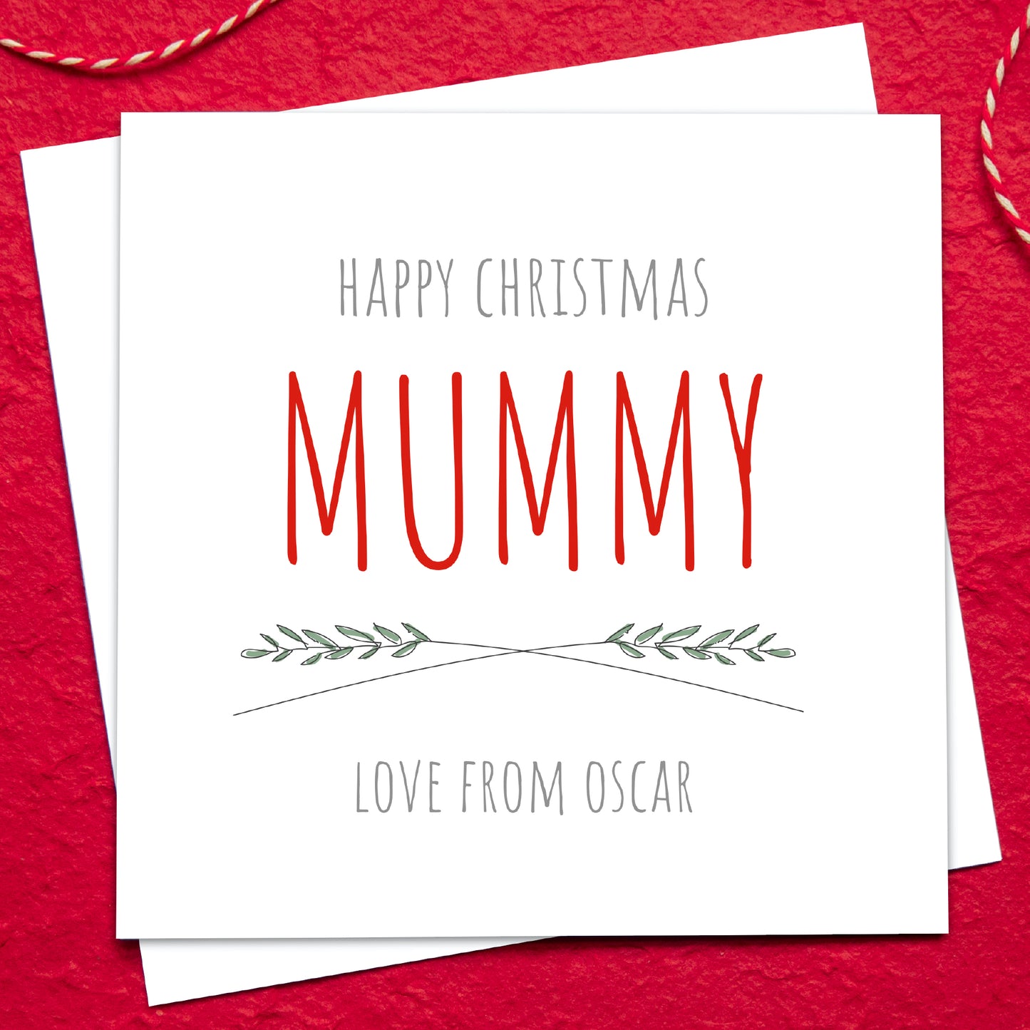 Christmas card for 'Mummy' with decorative elements on a red background