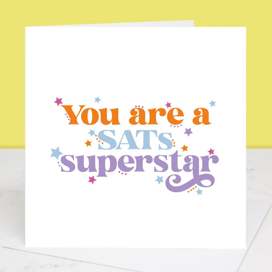 SATs exam congratulations card with bright colours and bold retro text