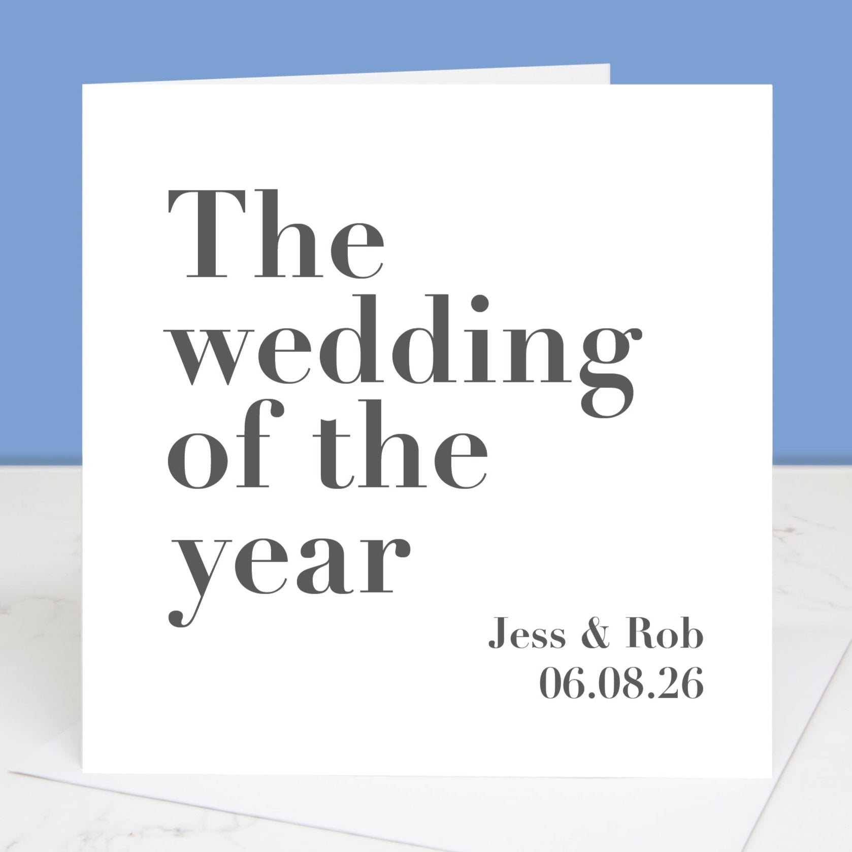 Wedding of the year wedding card personalised with names and wedding date