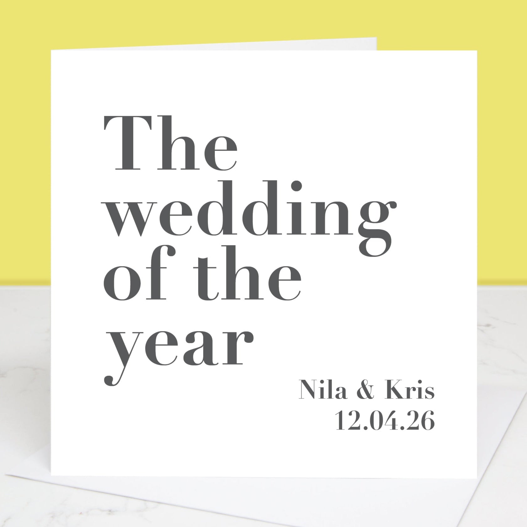 Wedding of the year wedding card personalised with names and wedding date