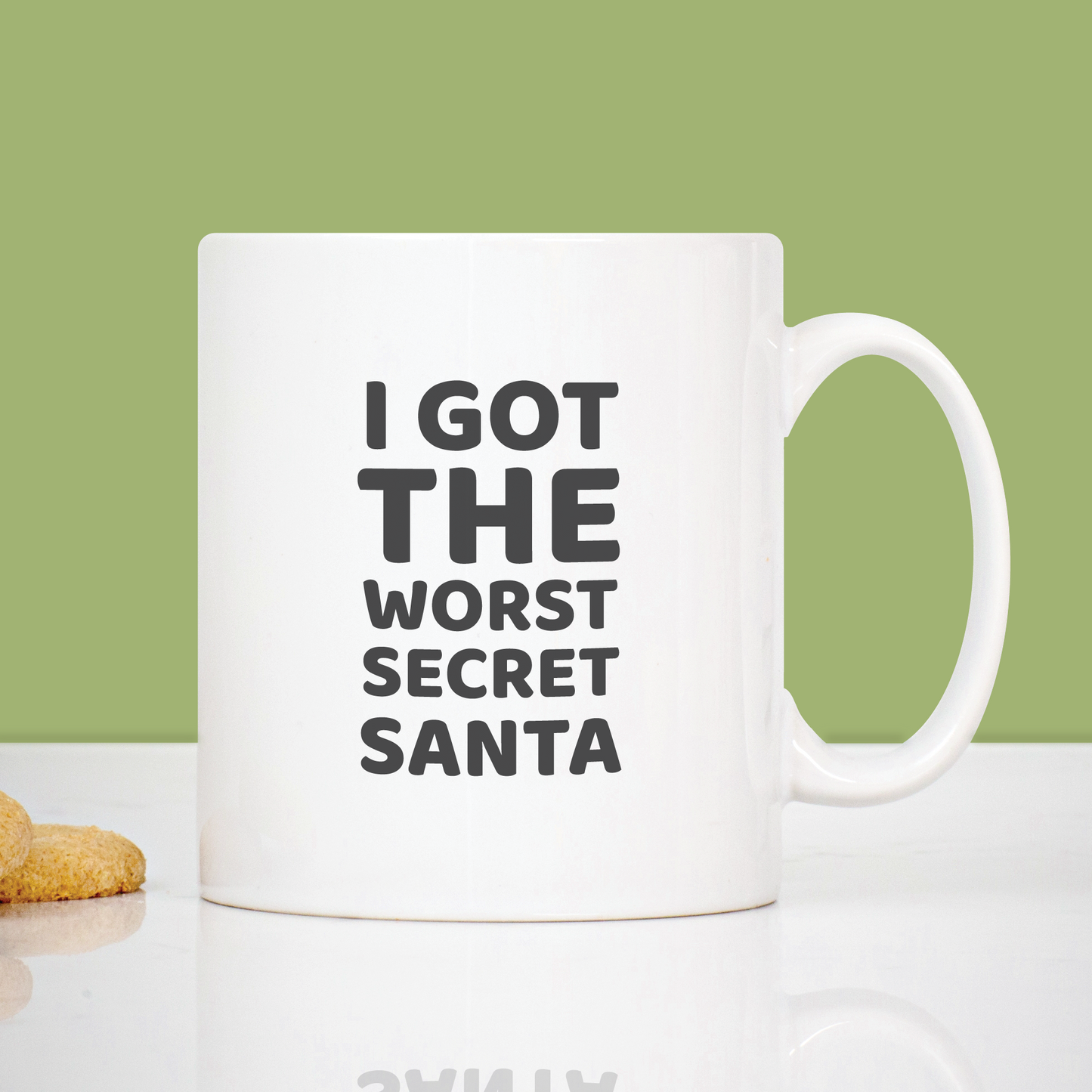 Christmas mug with white text saying I got the worst secret santa