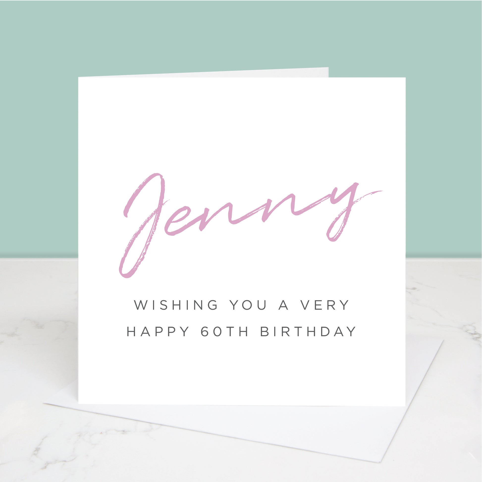 60th birthday card with their name in a choice of colours and the words wishing you a very happy 60th birthday underneath. All images & designs © Slice of Pie Designs