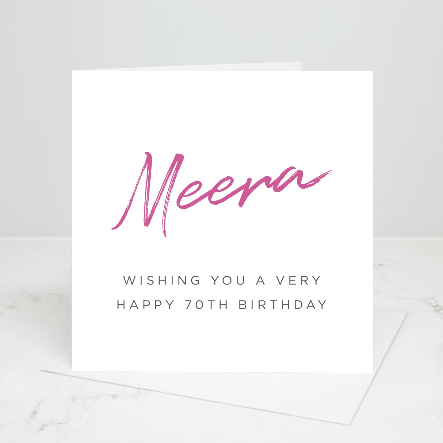 70th Birthday card with name at top of card and a happy birthday message underneath. All images & designs © Slice of Pie Designs