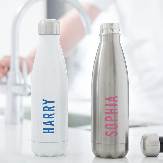 Water bottle with bold name in choice of colours All images and designs © Slice of Pie Designs
