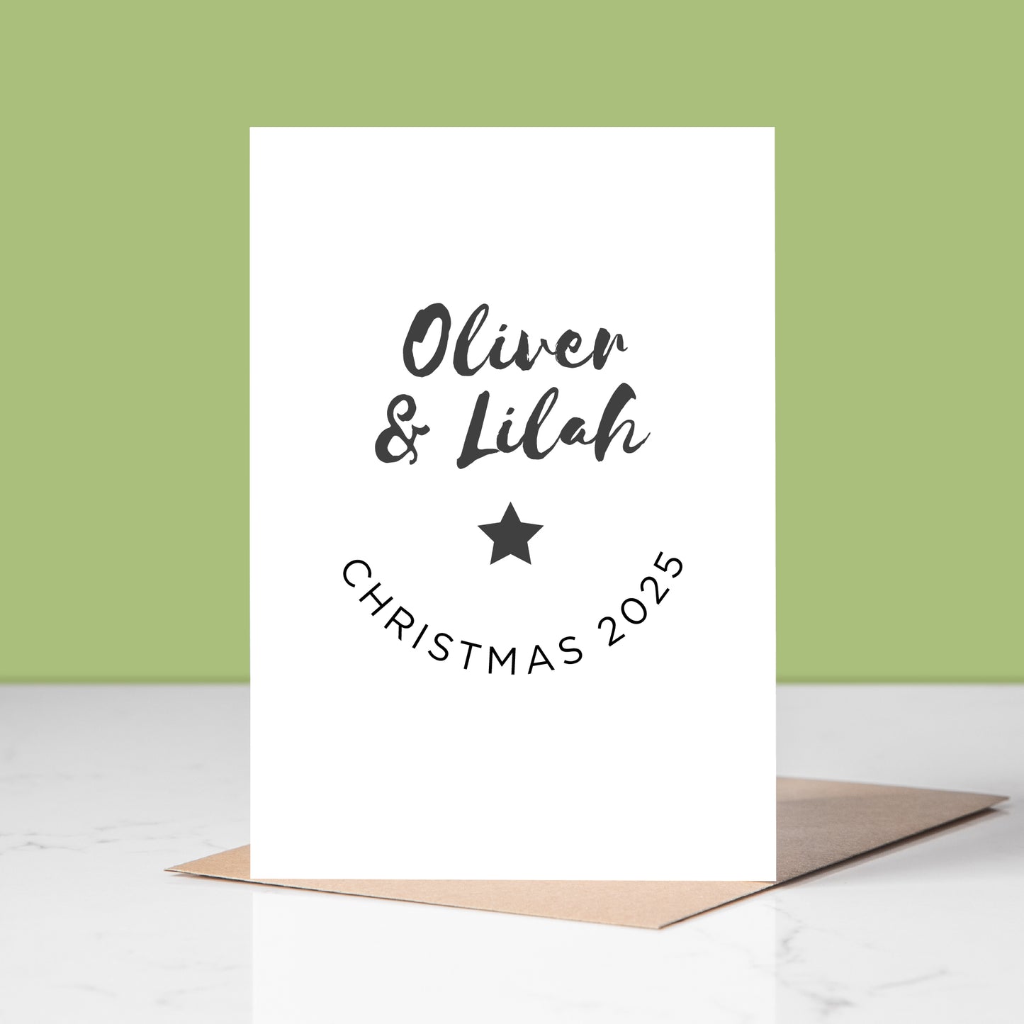 White christmas card with names and Christmas 2025' text on a green background