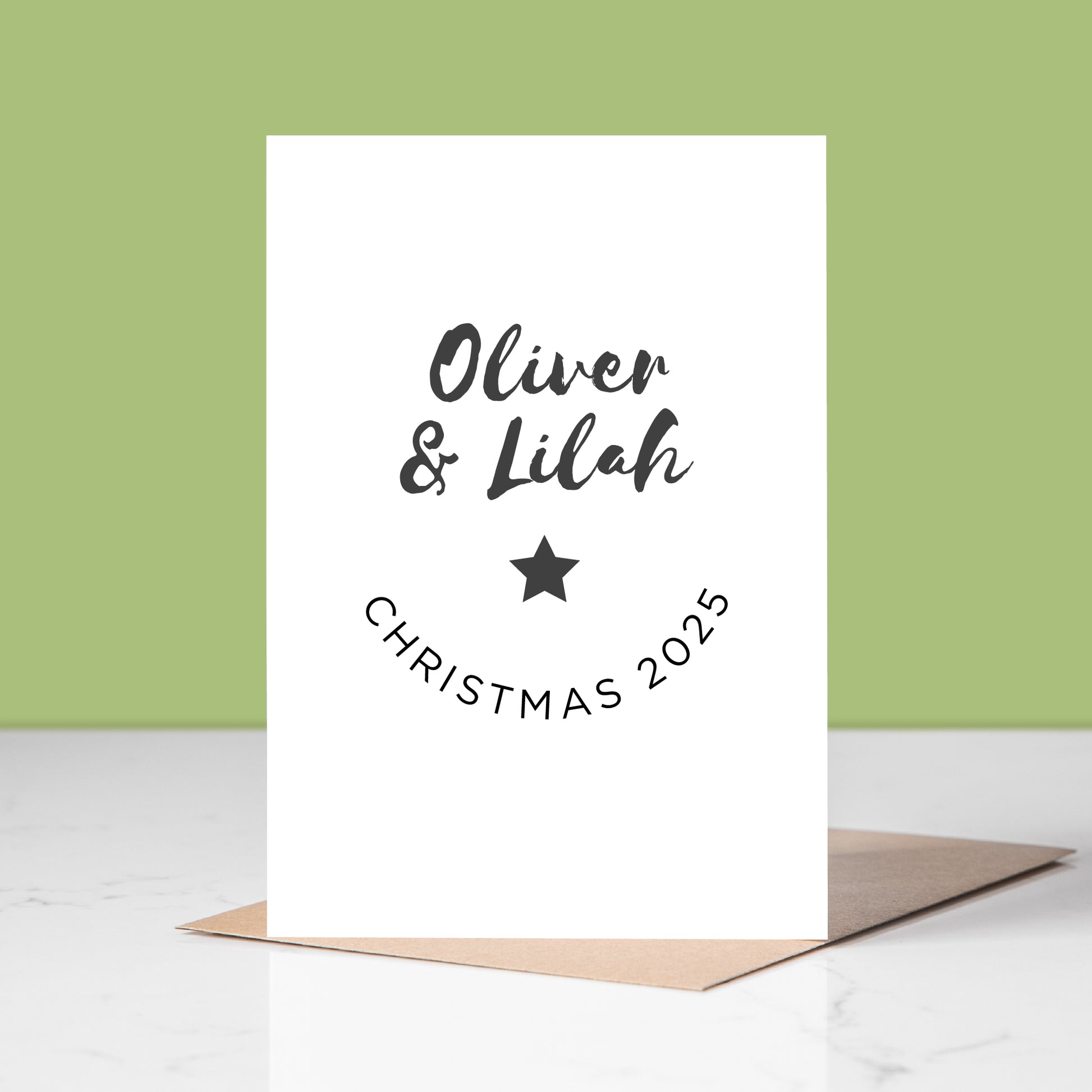 White christmas card with names and Christmas 2025' text on a green background