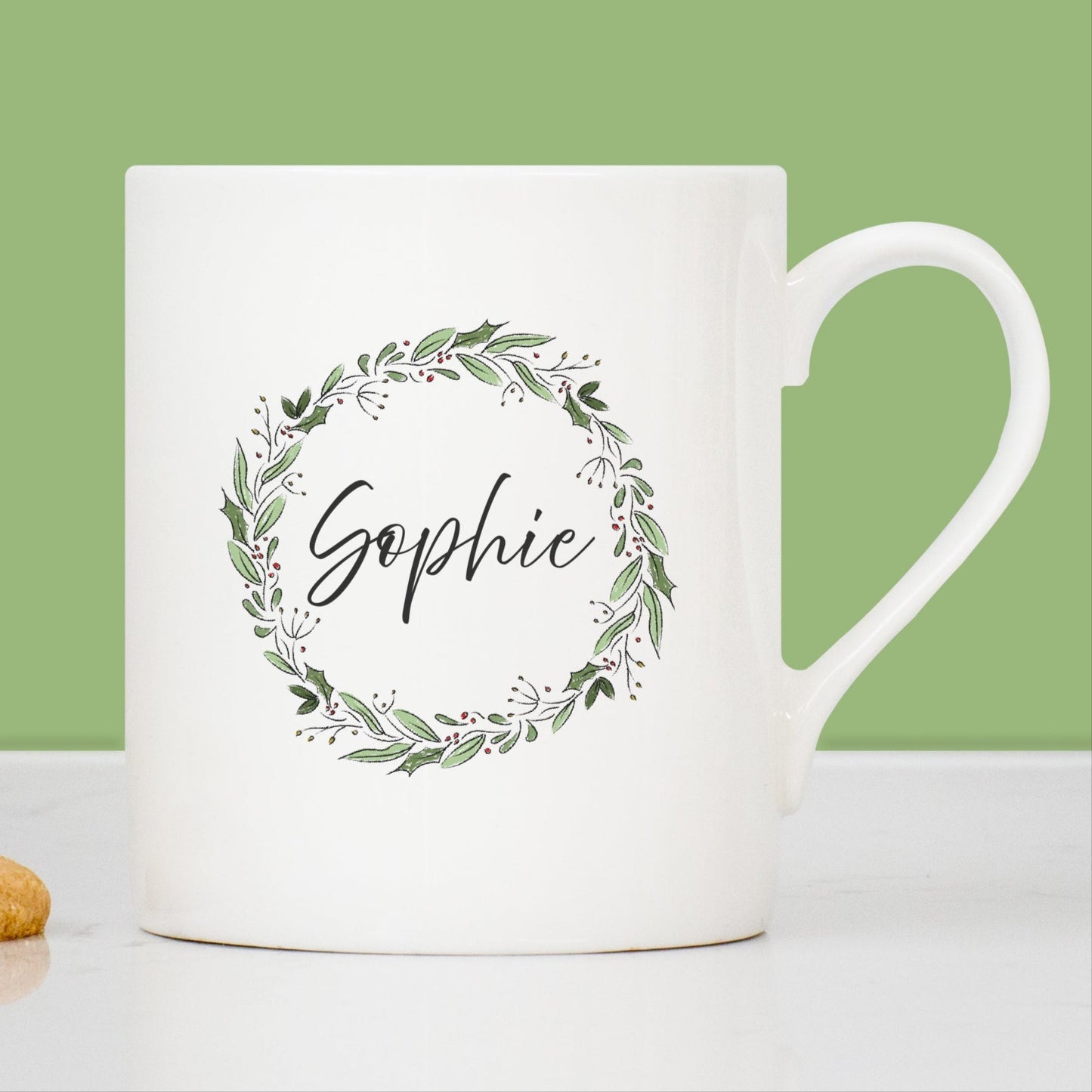 China mug with Christmas wreath and name