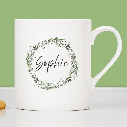 China mug with Christmas wreath and name