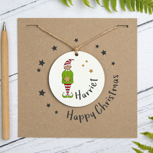 Personalised Elf Tree Decoration Christmas Card