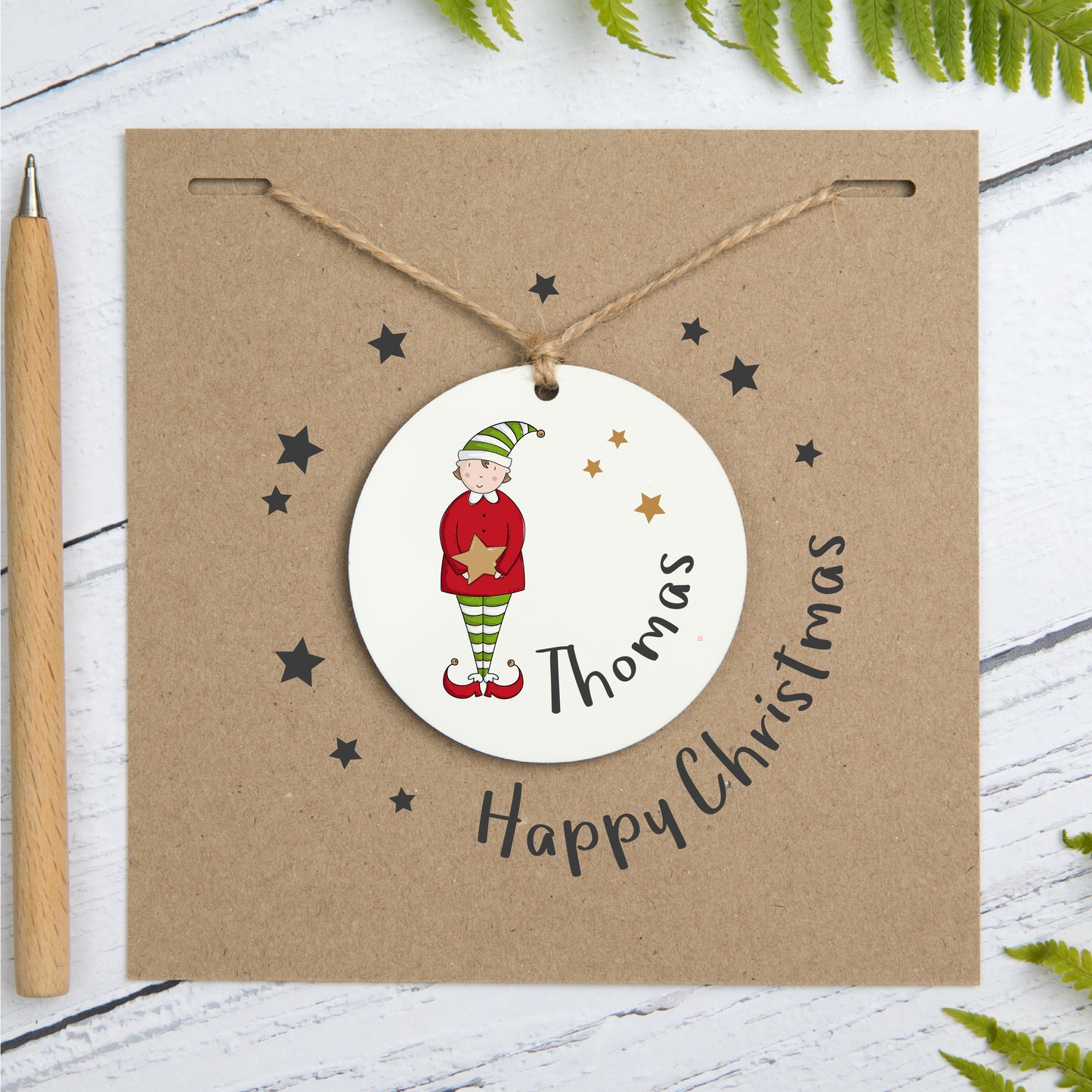 Personalised Elf Tree Decoration Christmas Card