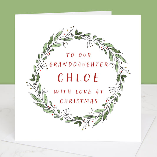 Granddaughter Personalised Wreath Christmas Card