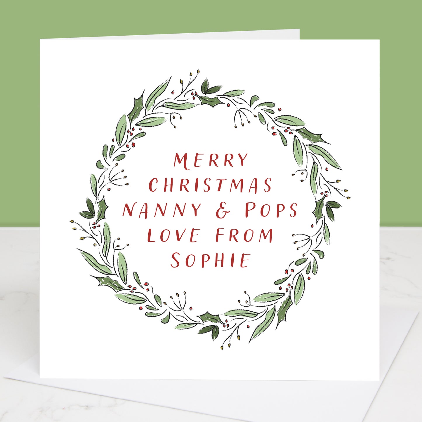 Grandparents Christmas card with green wreath and red text on a white background
