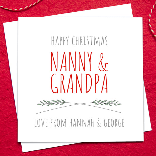 Christmas card for Nanny & Grandpa on a red background