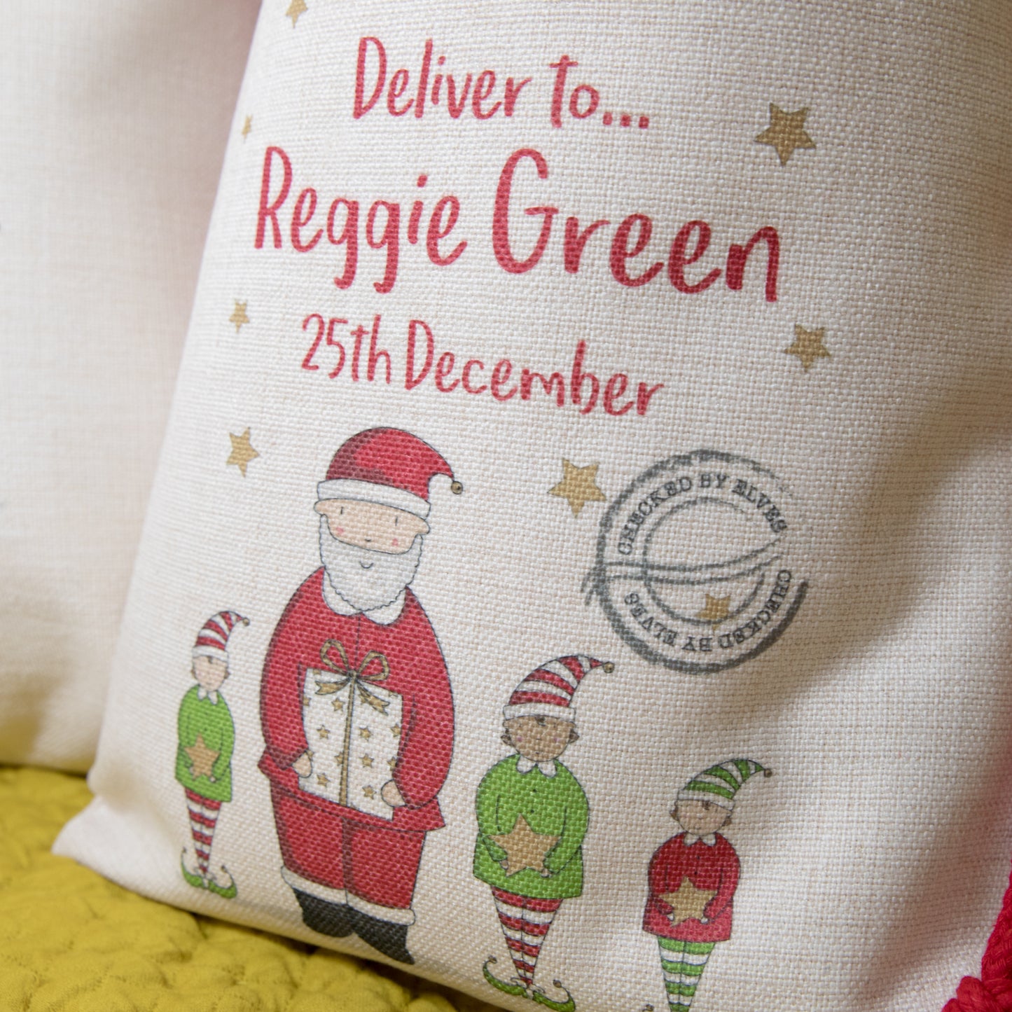 Personalised Santa And Elves Christmas Present Sack