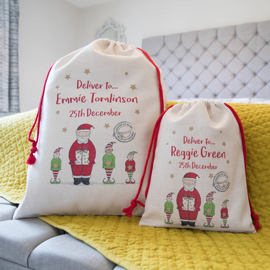 Personalised Santa And Elves Christmas Present Sack