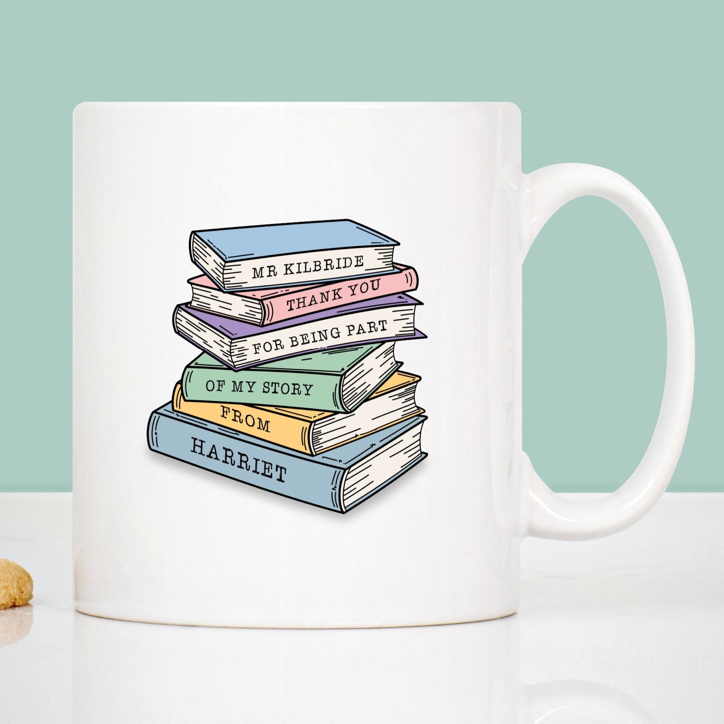 Teacher thank you mug with stack of books