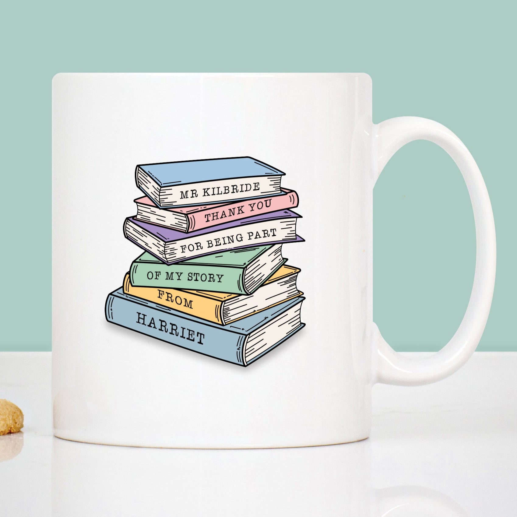 Teacher thank you mug with stack of books