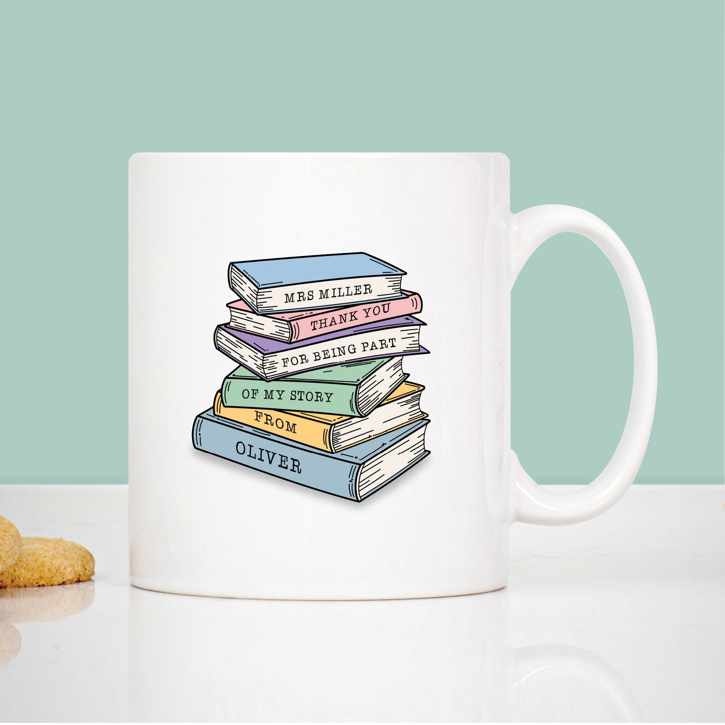 Teacher thank you mug with stack of books