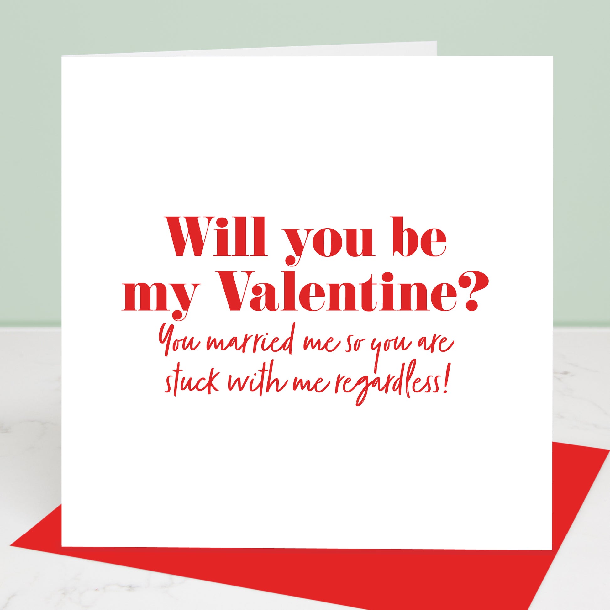 Will you be my valentine card for married couples red text on white background