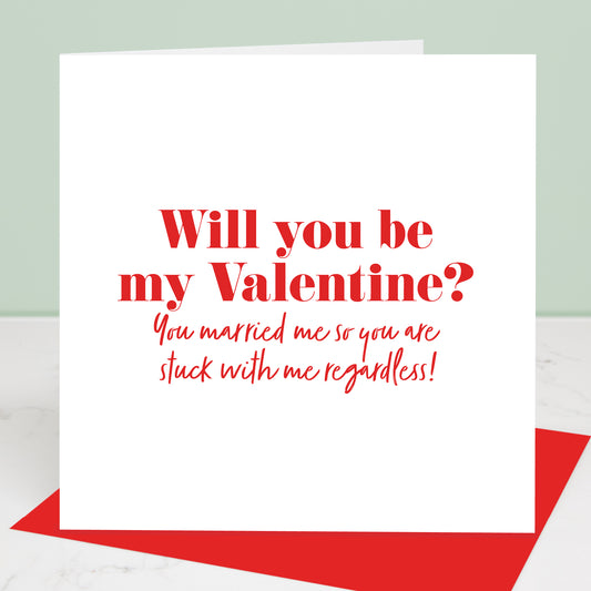 Will you be my valentine card for married couples red text on white background