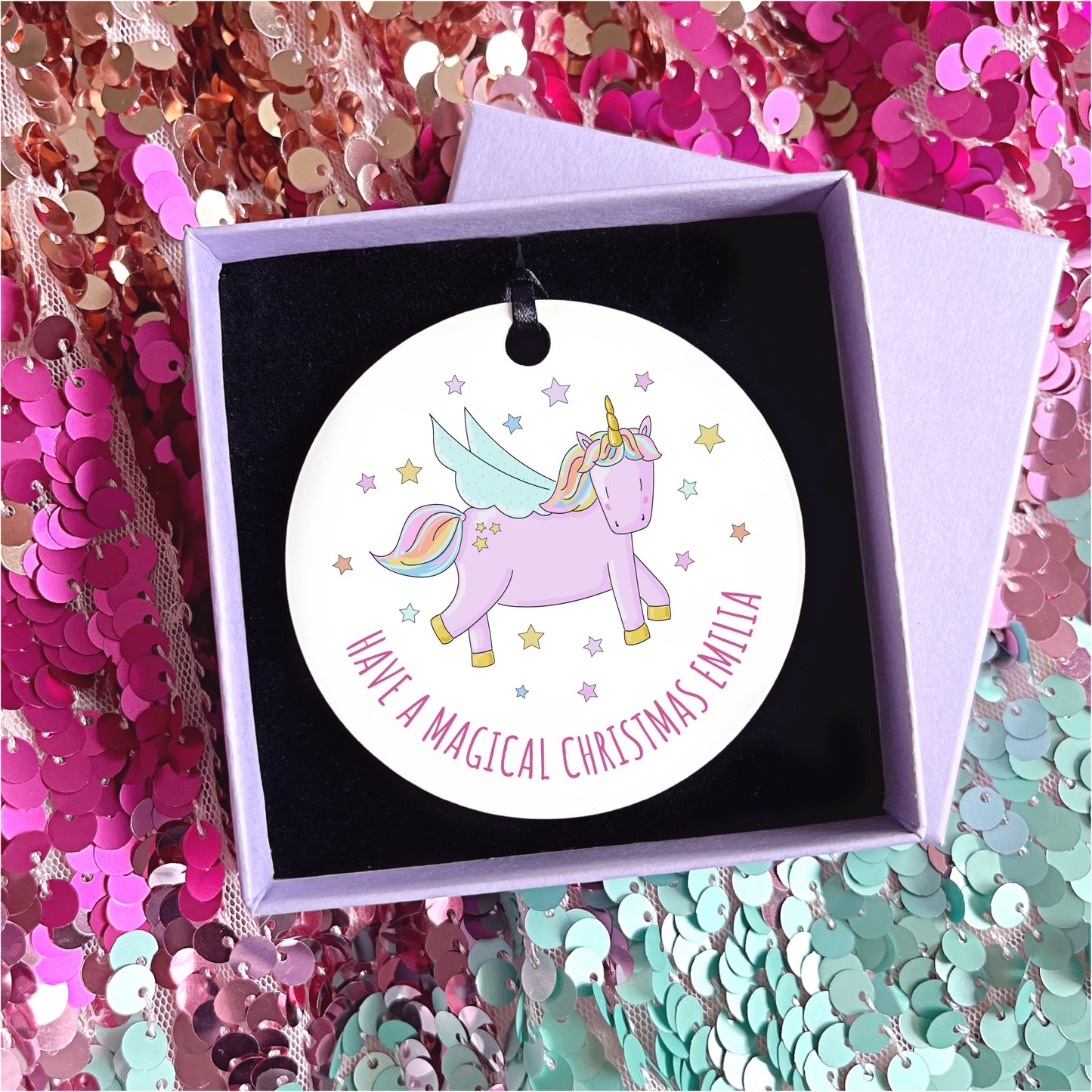 Unicorn Personalised Christmas Decoration with optional gift box