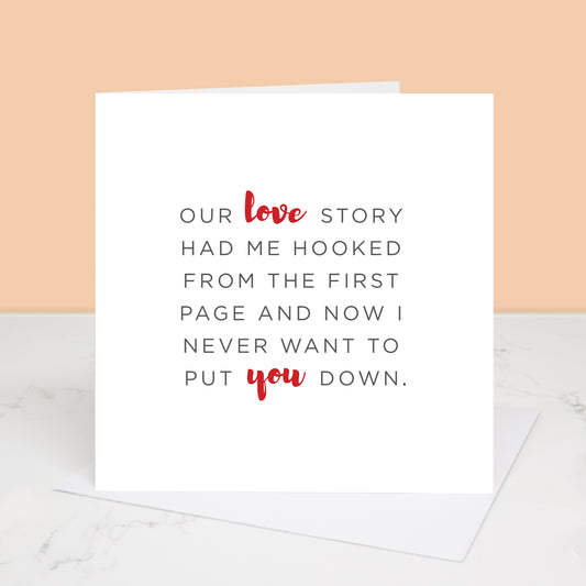 Romantic greetings card about a love story. All images & designs © Slice of Pie Designs